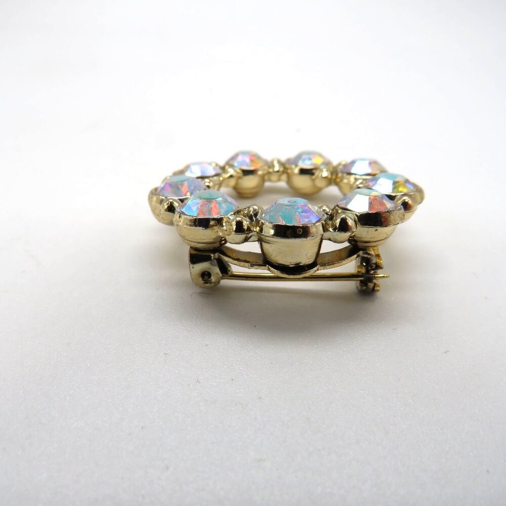 Vintage Brooch Aurora Borealis Crystal Circle Brooch Gold‎ Tone Pin - Picture 7 of 13